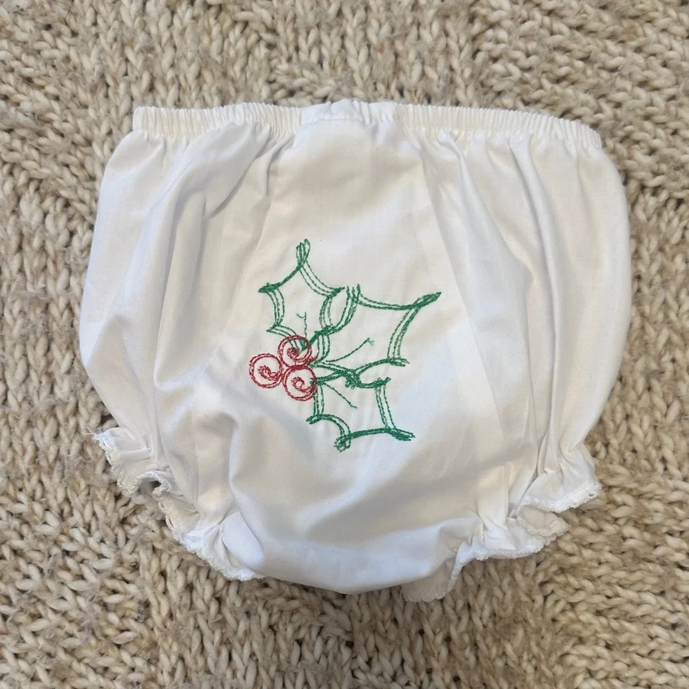 EUC White Baby Bloomers with holly berry Embroidery 18/24